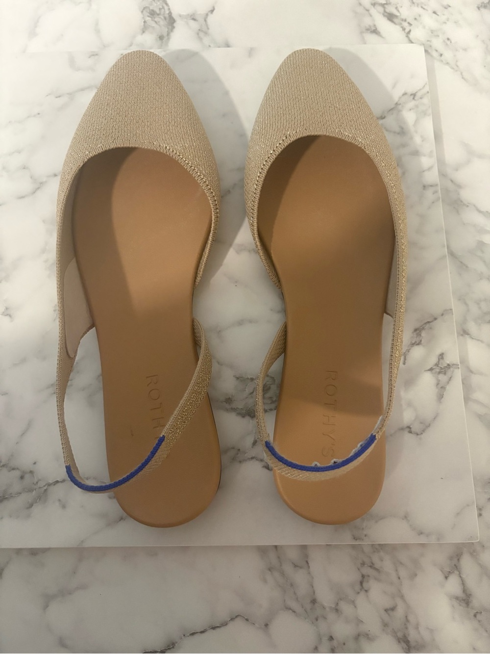 Rothy's Metallic Gold Knit Pointed Toe Slingback Flats with Blue Trim